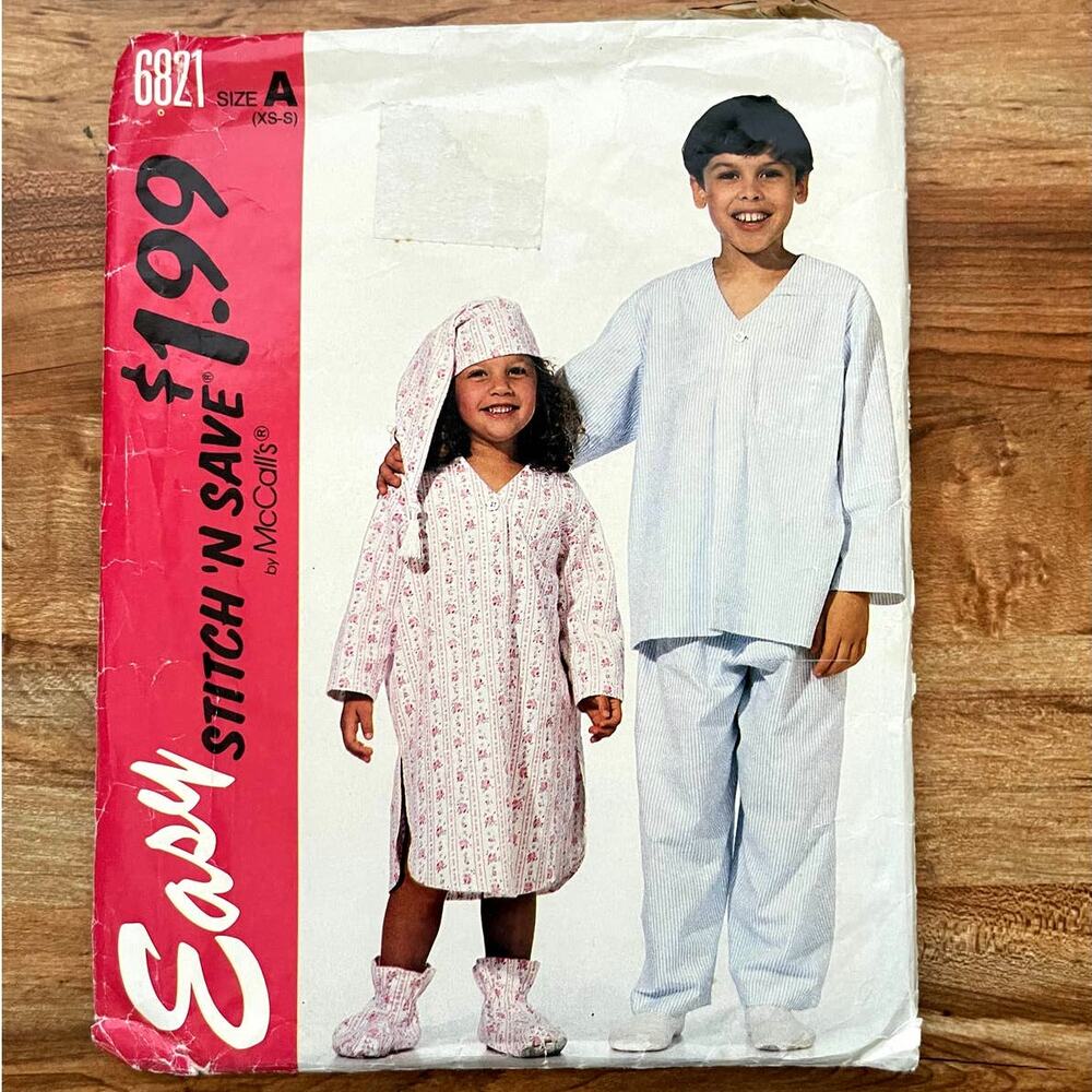 Vintage 1990s Sewing Pattern McCalls 6821 XS - S Kids PJs Hat Slippers COMPLETE